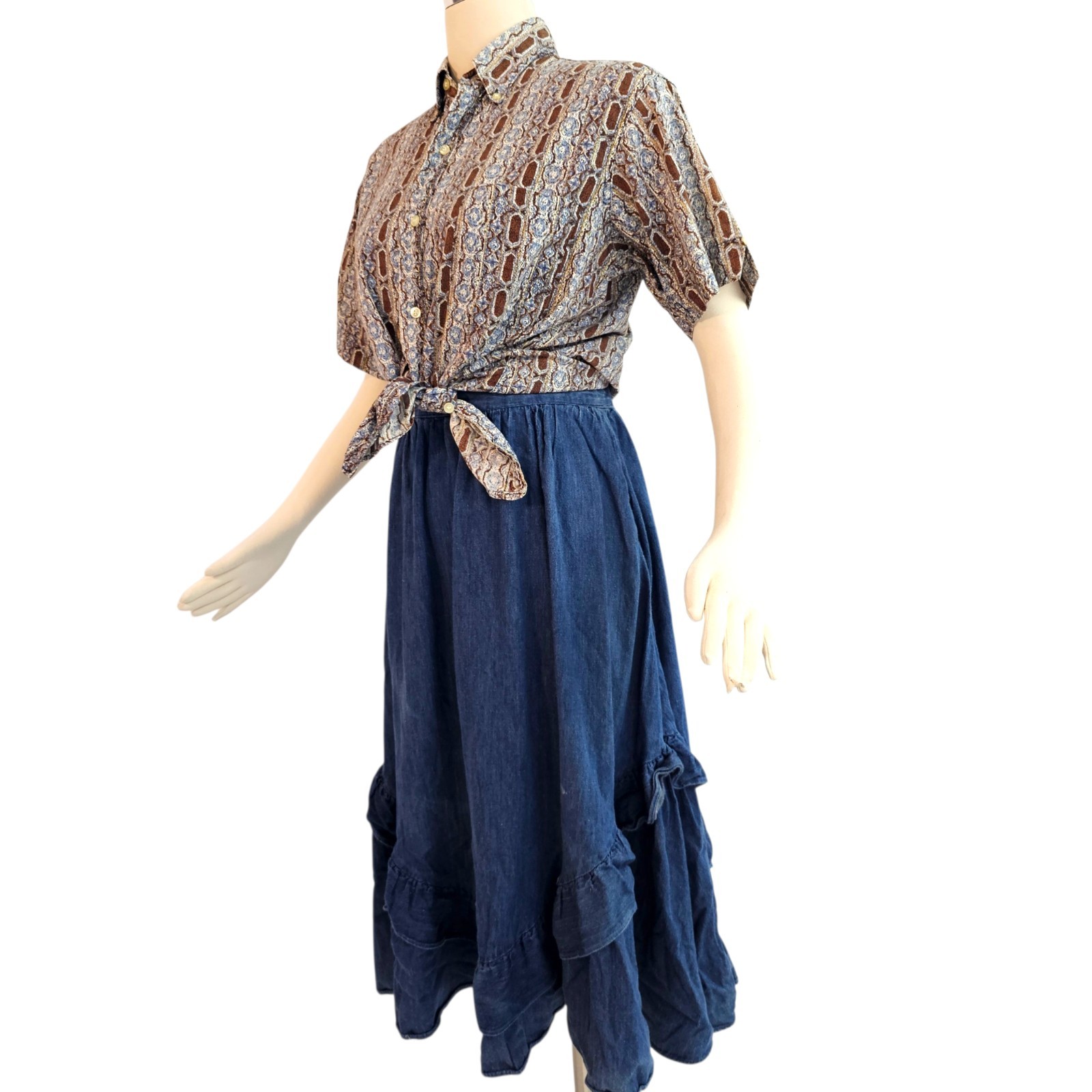 Vintage 1970s Blue Brown Pattern Short Sleeve Button Down Collared Retro Disco