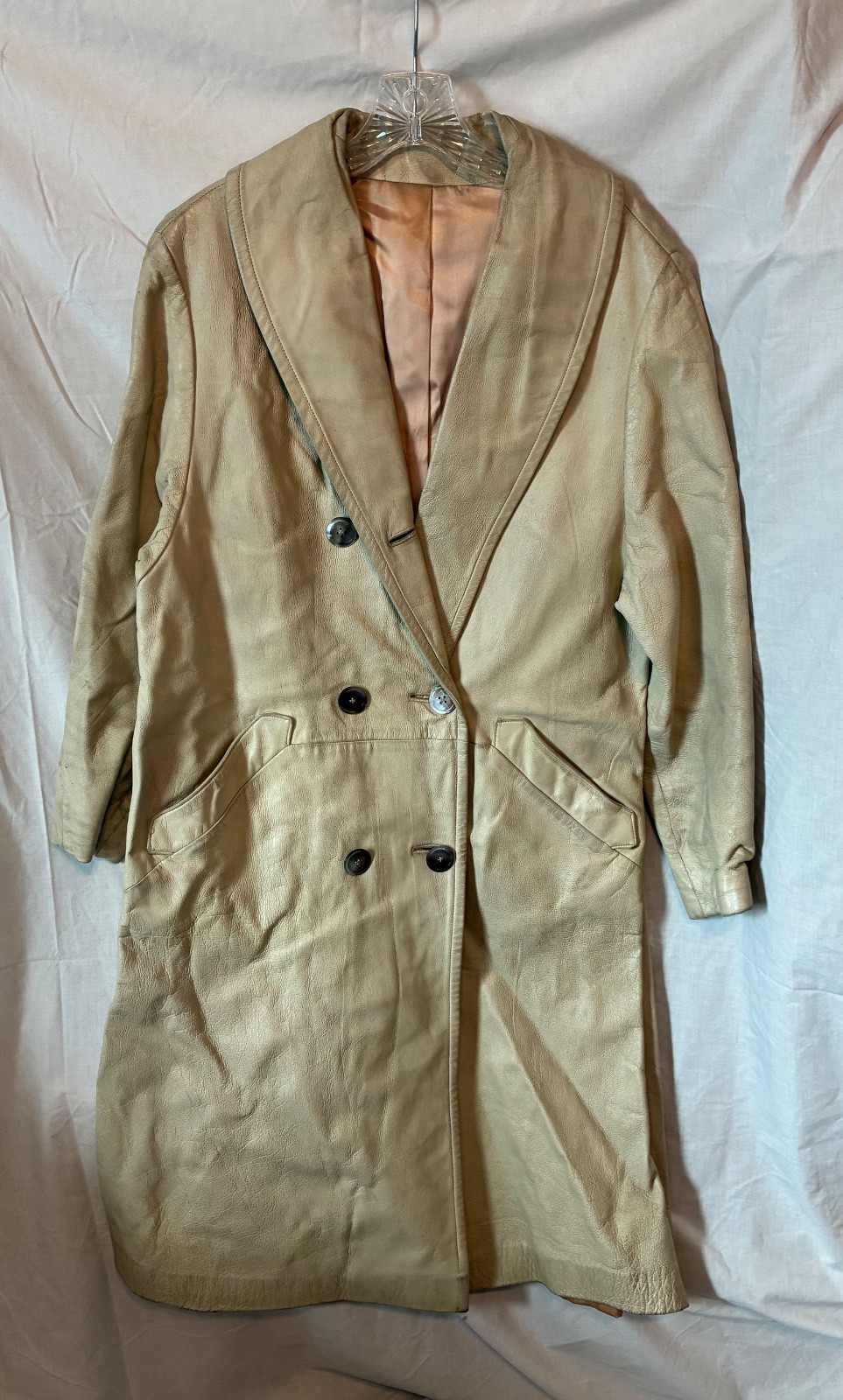 VGT 1960s long leather coat, cream trench coat about size 4-6