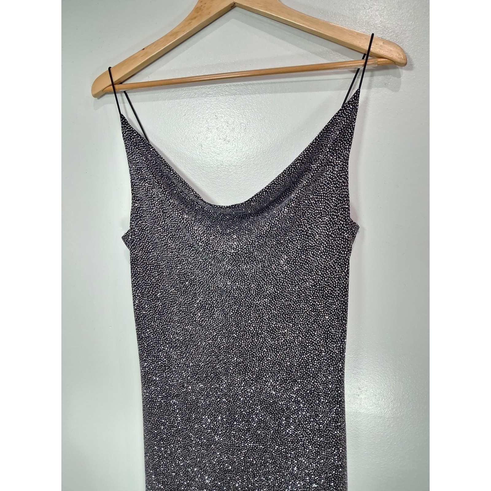 City Triangles Vtg Y2K Slinky Glitter Cowl Neck High Low Dress Silver Black Lg