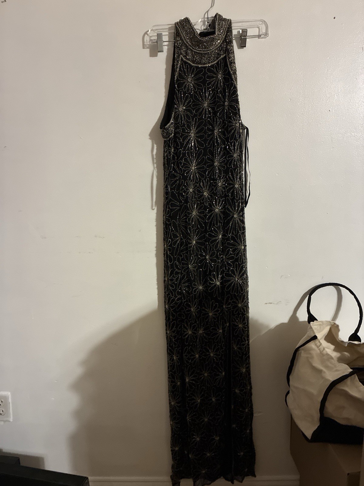Vintage 90s Papell Boutique Evening Black Silk Beaded Maxi Gown Formal Dress