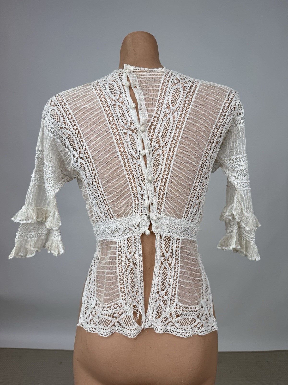 Antique Edwardian White Silk Net Cotton Crochet Blouse Ruffles Wounded BirdAS IS
