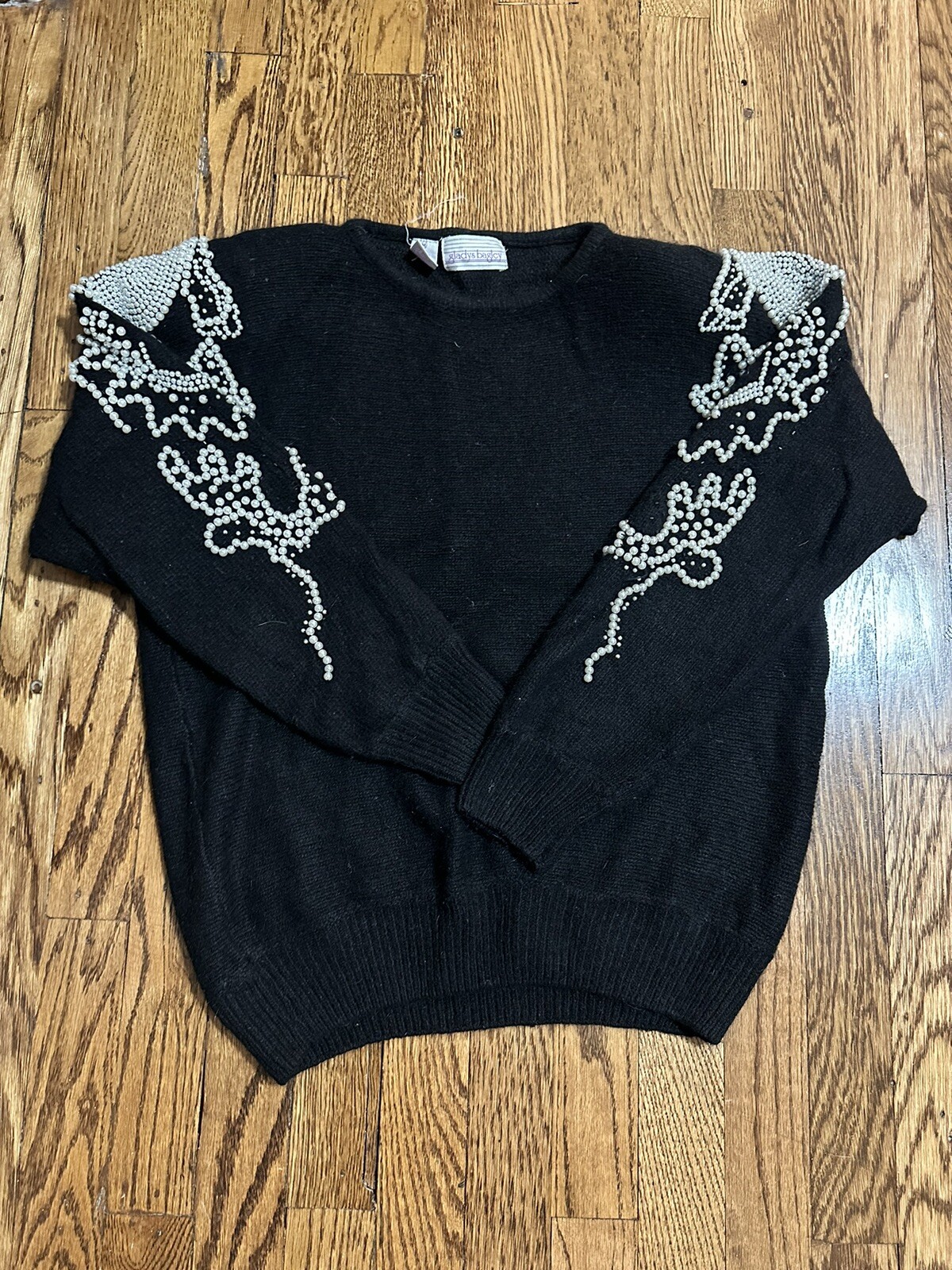 Vintage Gladys Bagley Silk/Angora/Lambswool Black Sweater Heavy Pearl Beading M