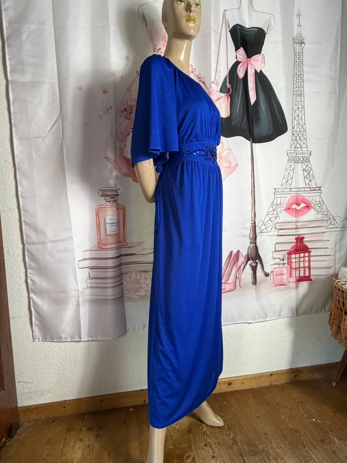 70s maxi dress evening dress Höpfner Jeunesse vintage royal blue cape sleeves 42 44
