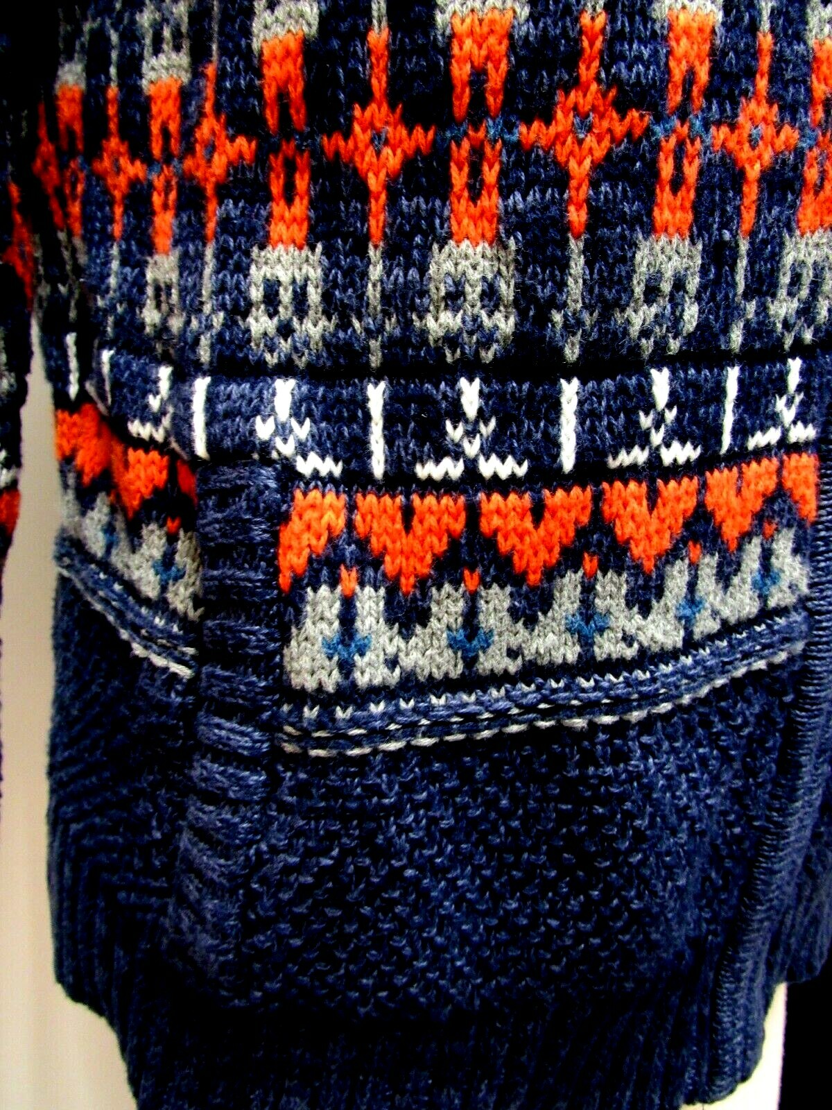 VTG CHEROKEE Cotton Knit Sweater Cardigan Top Geo Orange Gray Navy Blue L EUC