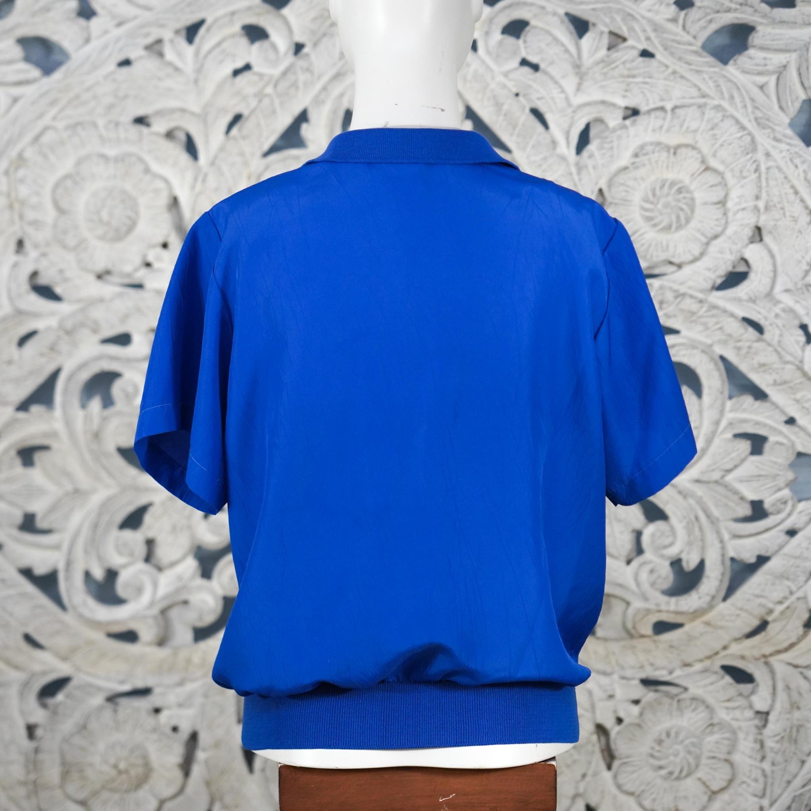 Vintage Rhoda Lee Crinkle Blouson Shirt M Blue USA Made Ribbed Hem Track Style