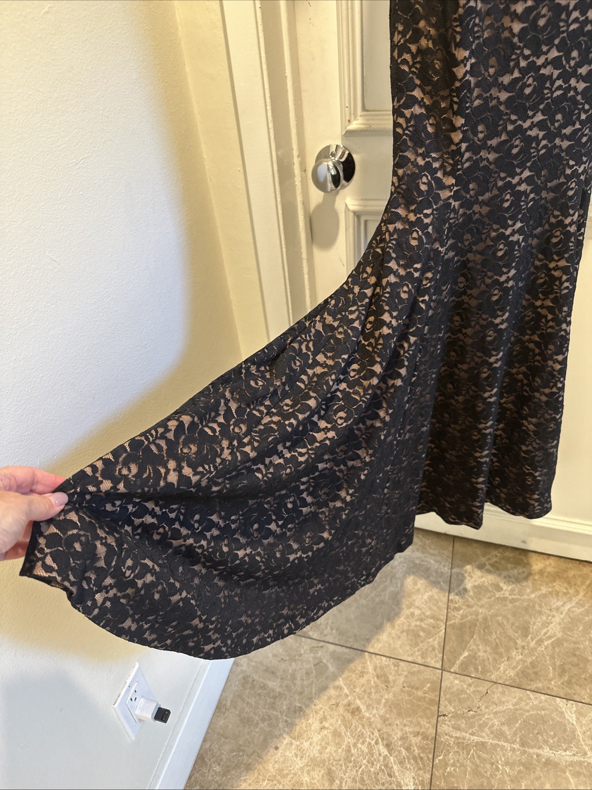 Omo Norma Kamali 90s Black Lace & Nude Shoulder Baring Empire Mermaid Maxi L