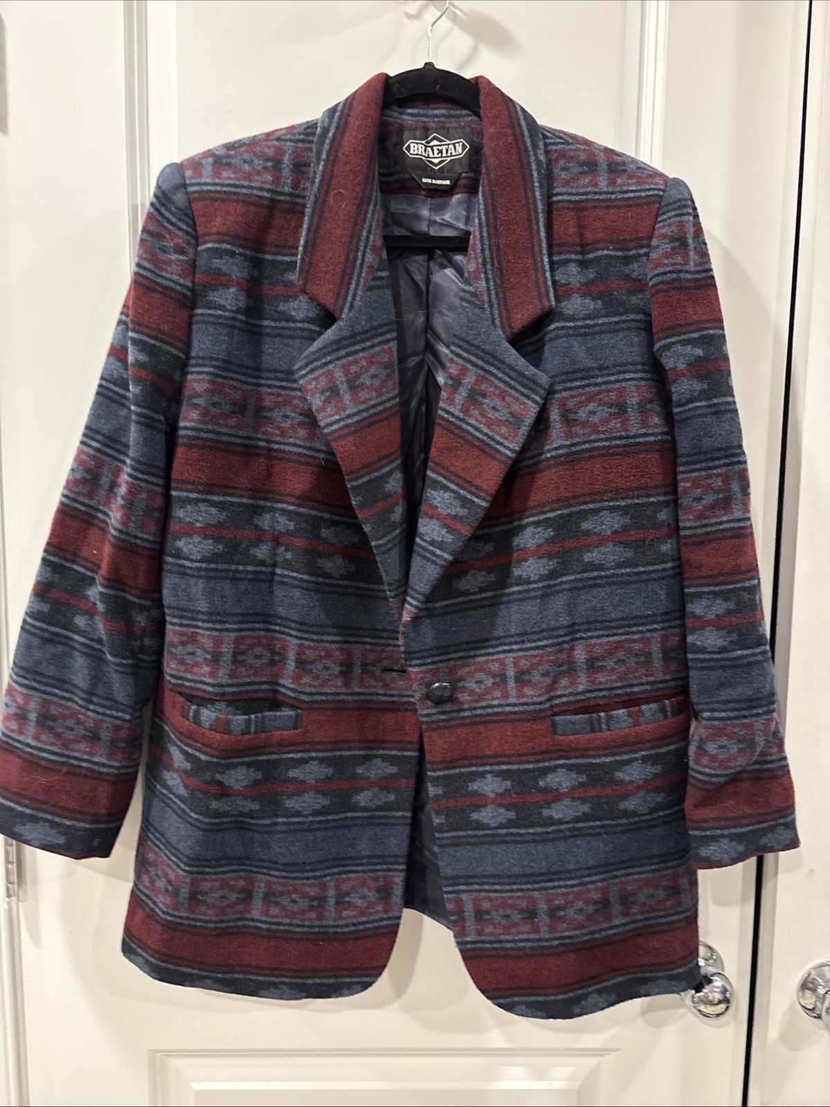Vtg BRAETAN WOOL BLEND DARK BLUE RED BLACK AZTEC BLAZER JACKET sz L ITALY