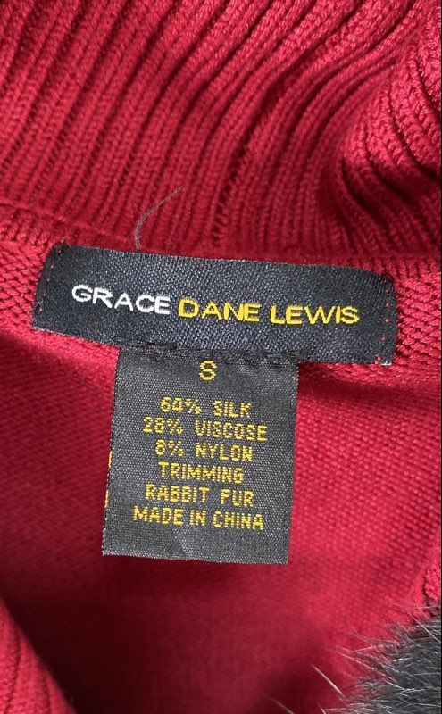 Vintage Y2K Grace Dane Lewis Women’s Red Silk Rabbit Fur Trim Cardigan Sz S