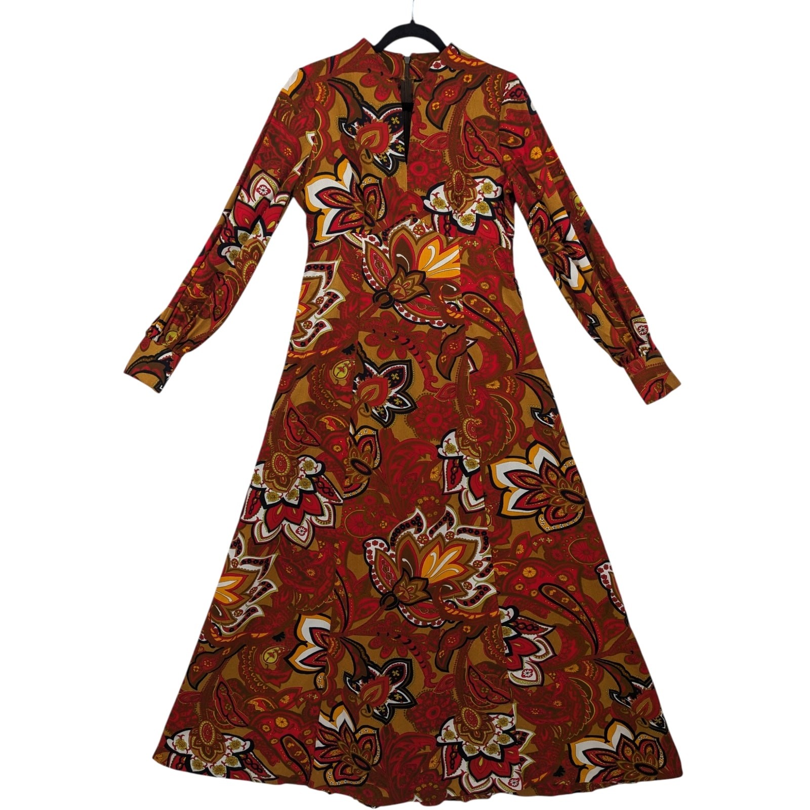 Vintage 1970s Handmade Psychedelic HAWAIIAN MAXI DRESS Empire Waist Long Sleeves
