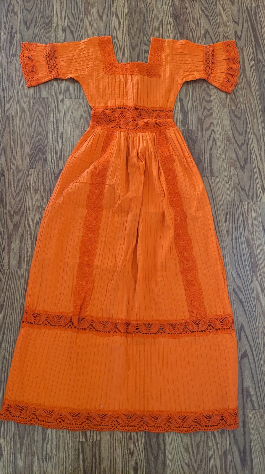 Vintage Orange Cotton Pintuck Crochet Lace Mexican Boho Peasant Dress Maxi 70s
