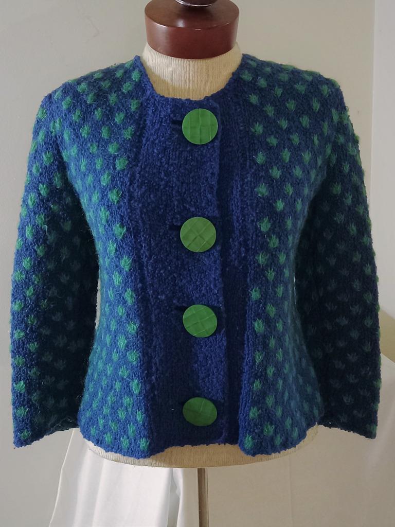 VINTAGE 50s 60s HAND KNIT MOD BLUE GREEN WOOL MOHAIR SWEATER HUGE LUCITE BUTTONS