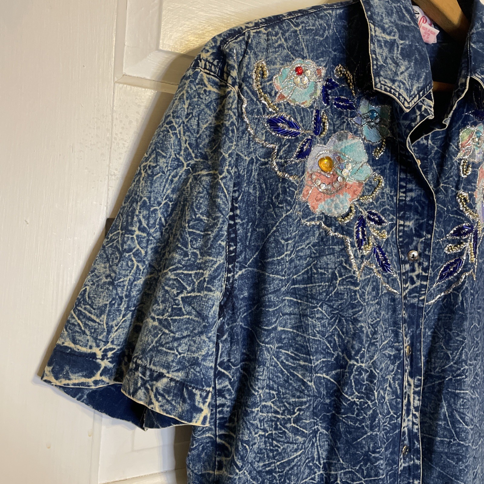 Vintage Acid Wash Denim Outfit Intricate Beaded Floral Embroidery 80s 90s Large