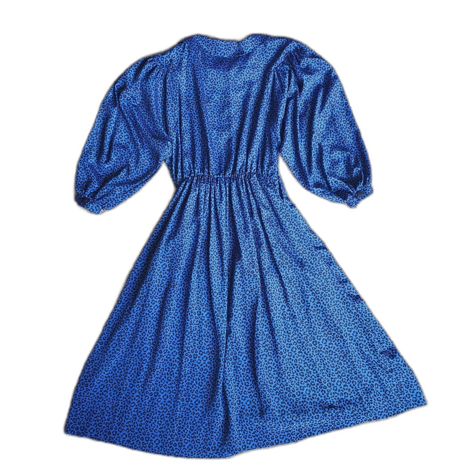 Vintage Tribute Blue Animal Print Dress Elastic Waist Long Sleeve Size M GUC