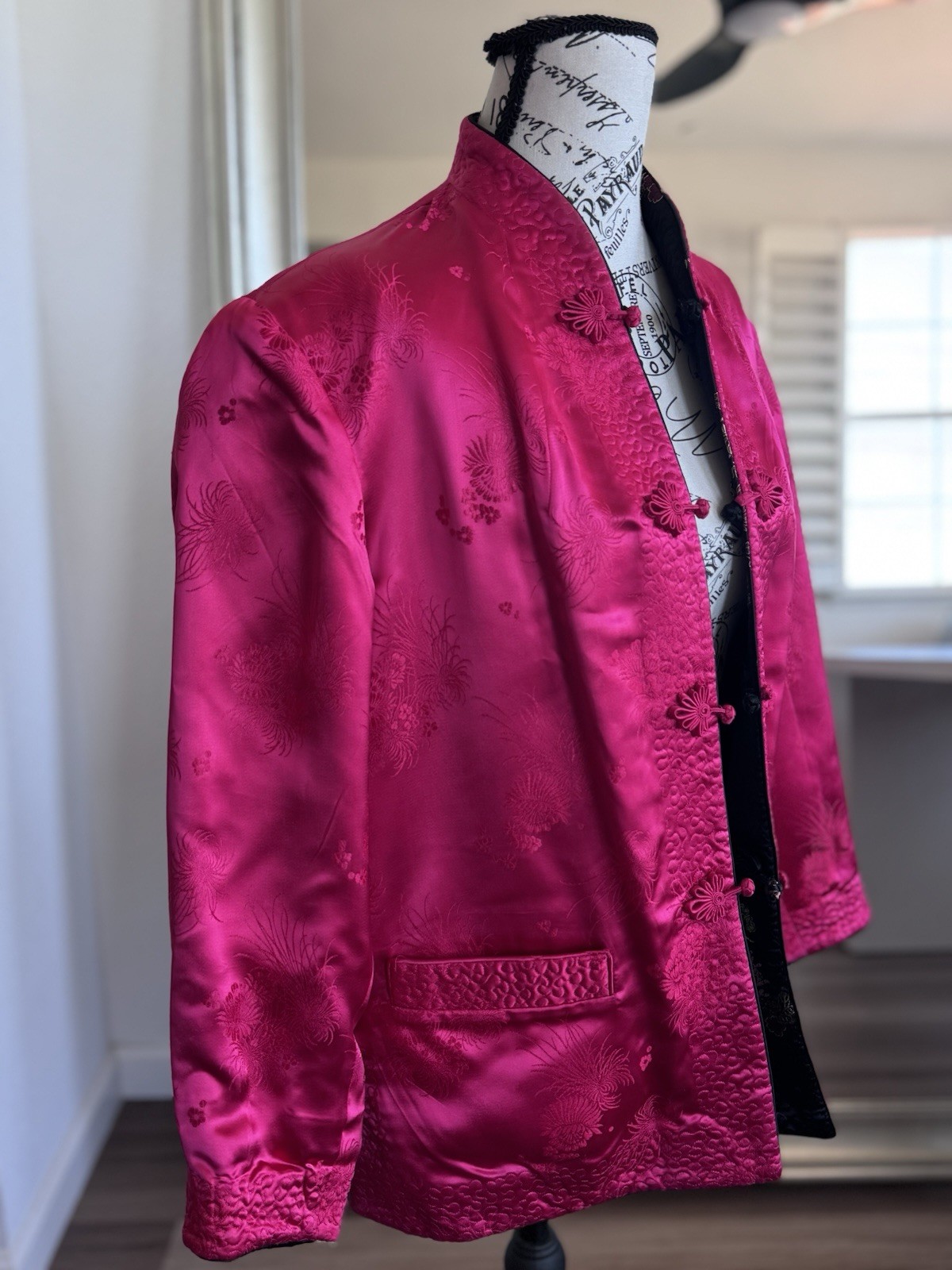 Vintage 80s Peony Shanghai Reversible Satin Floral Embroidered Brocade Jacket