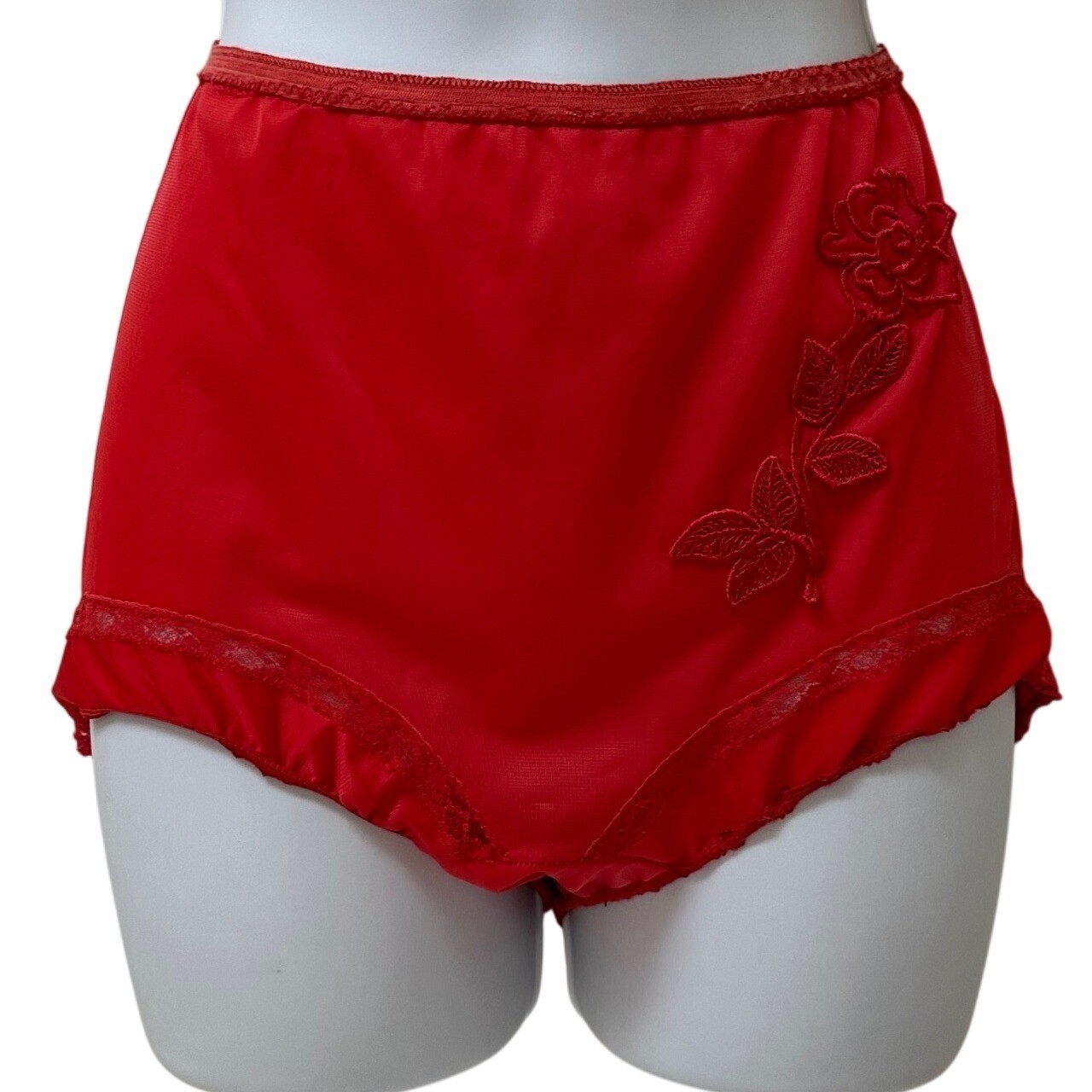 Vintage Gaymode Red High Waisted Briefs Embroidered Rose Lace Trim Size 34