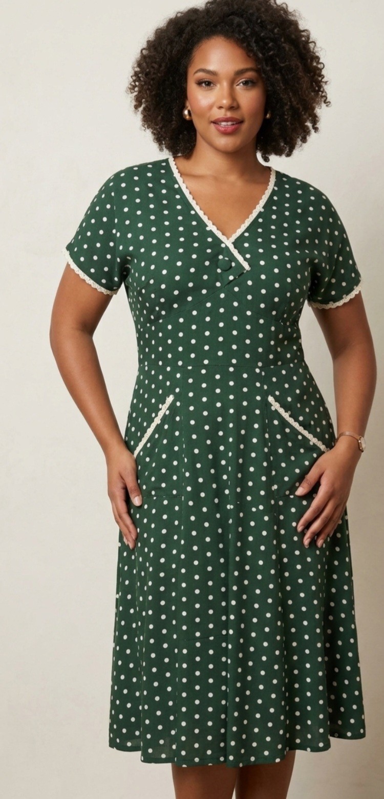 Unique Vintage Dress Dark Green with White Polka Dots Vintage-inspired…