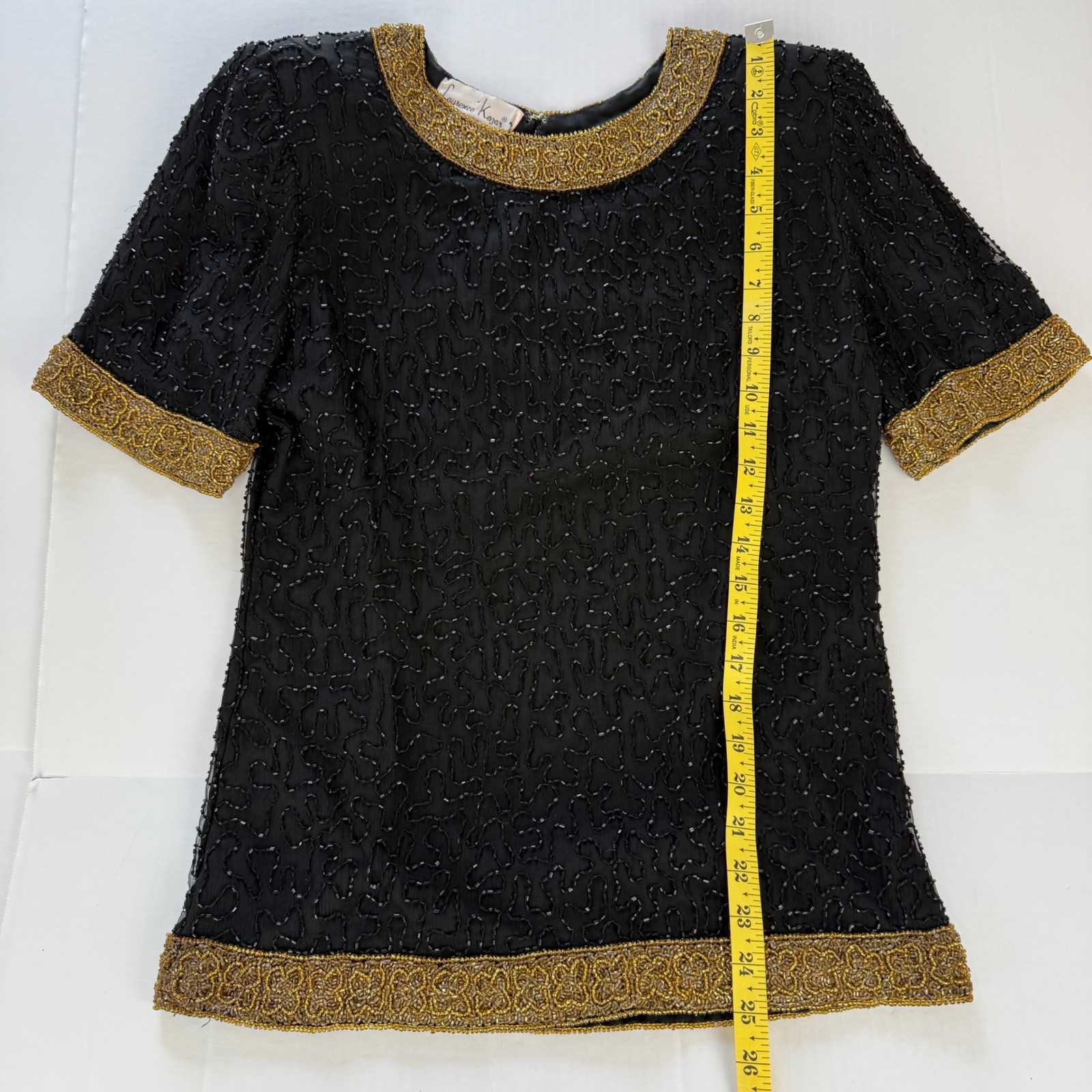 Laurence Kazar Vintage Beaded Silk Top Black Gold Evening Blouse Small Short Slv