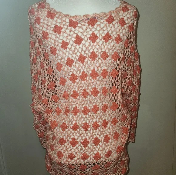 Orange Pink White Floral Crochet Sweater Top Vest Y2k Festival Cottagecore EUC