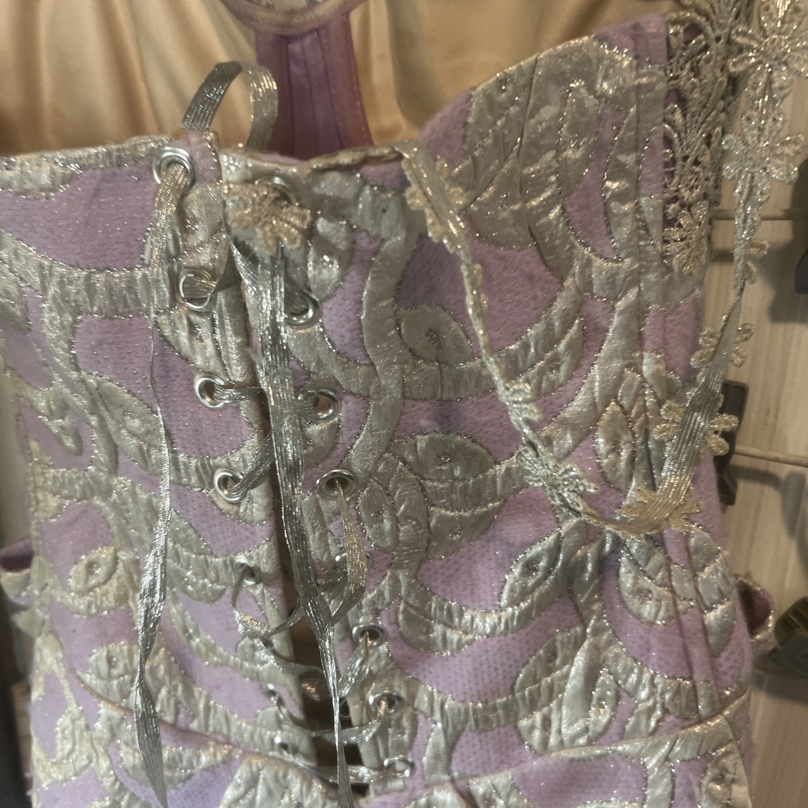 80s Lavender & Silver Brocade Corset Dress Lace Up Back Peplum Bows Detailed