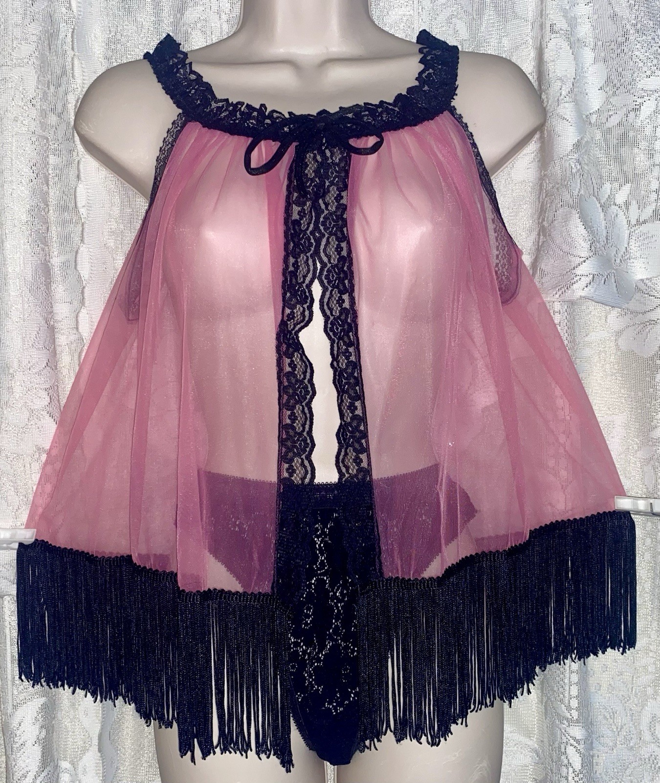 Vtg RARE PINK Sheer Chiffon Black FRINGE TOP Babydoll NIGHTIE Nightgown PANTIES