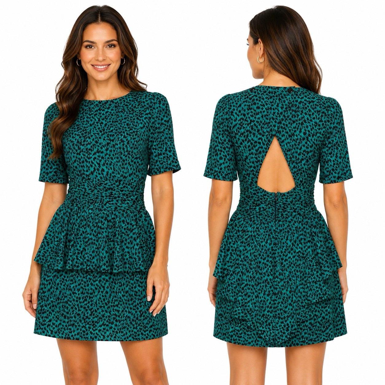 Vintage 80s Milarzo Retro Cheetah Peplum Cutout Dress Womens SZ 9/10 Avant Garde