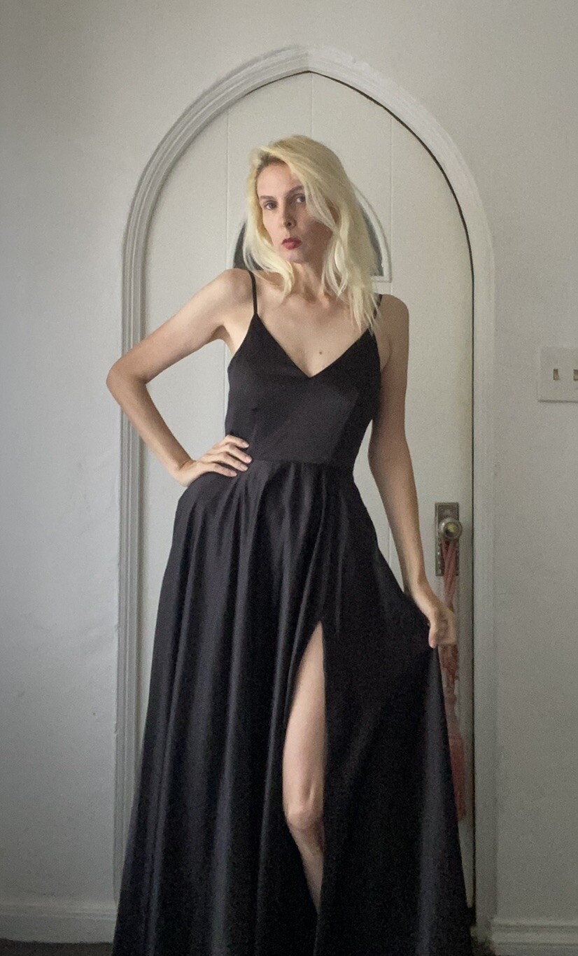 Vintage B. Darlin Black Silky Poly Sweeping High Slit Glam Evening Dress S