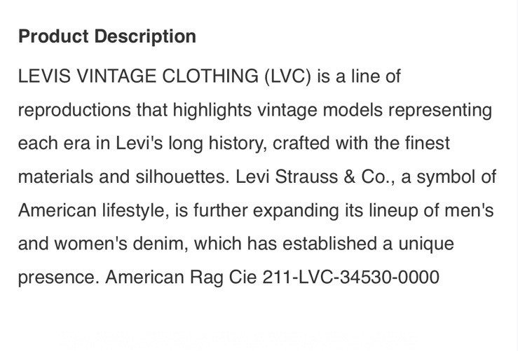 Levi’s Vintage Clothing LVC 501R 1915 Jeans Buckle Back Selvedge Barrel 30 x 25