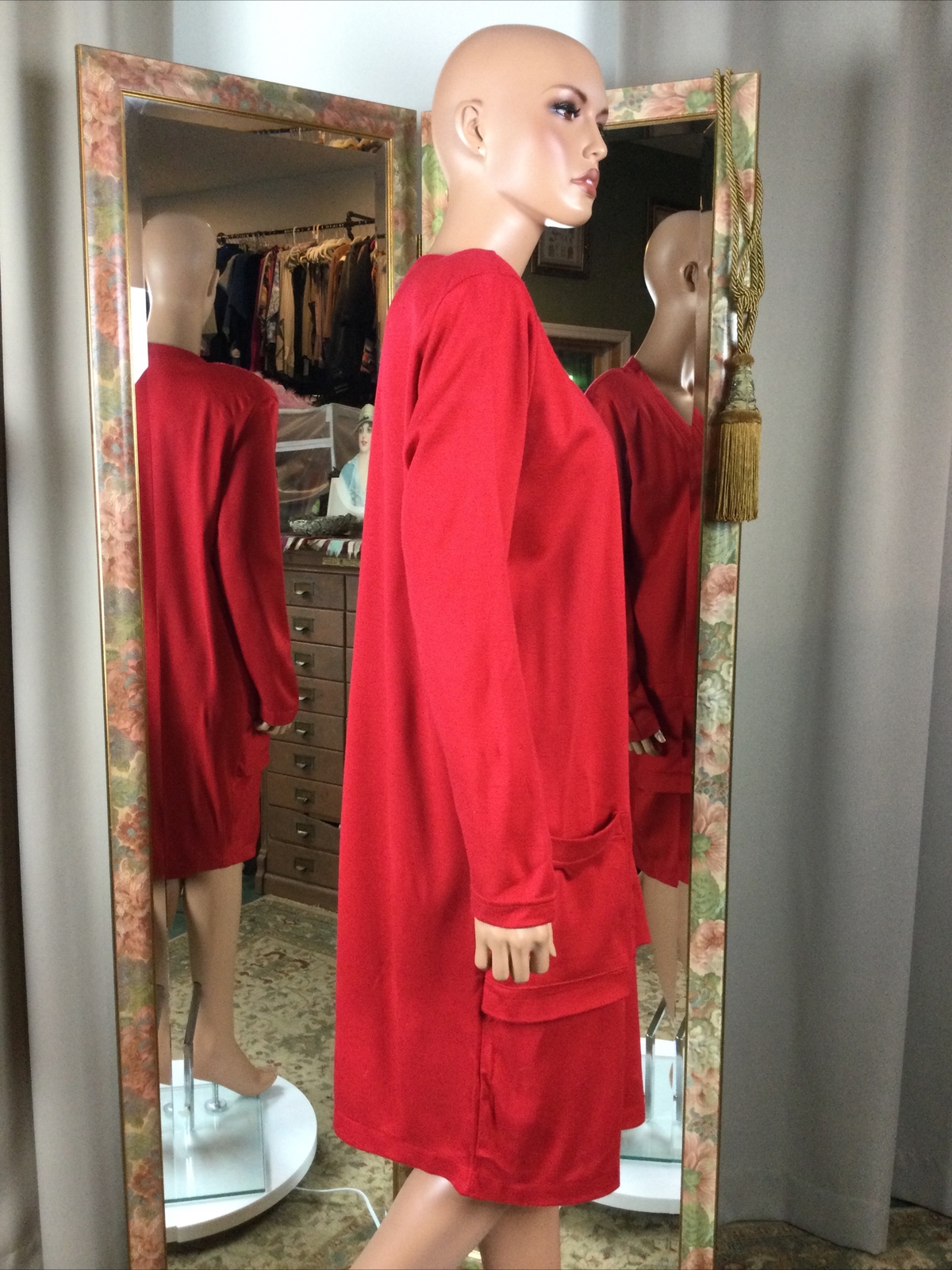 Vintage California Gold Rush Red & Black Strip Knit Dress Sz 16 Bust 46” Pockers