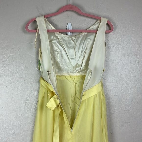Vtg 60s Yellow Sleeveless Long Dress Floral Pearl Detail SIZE XS/S costume party