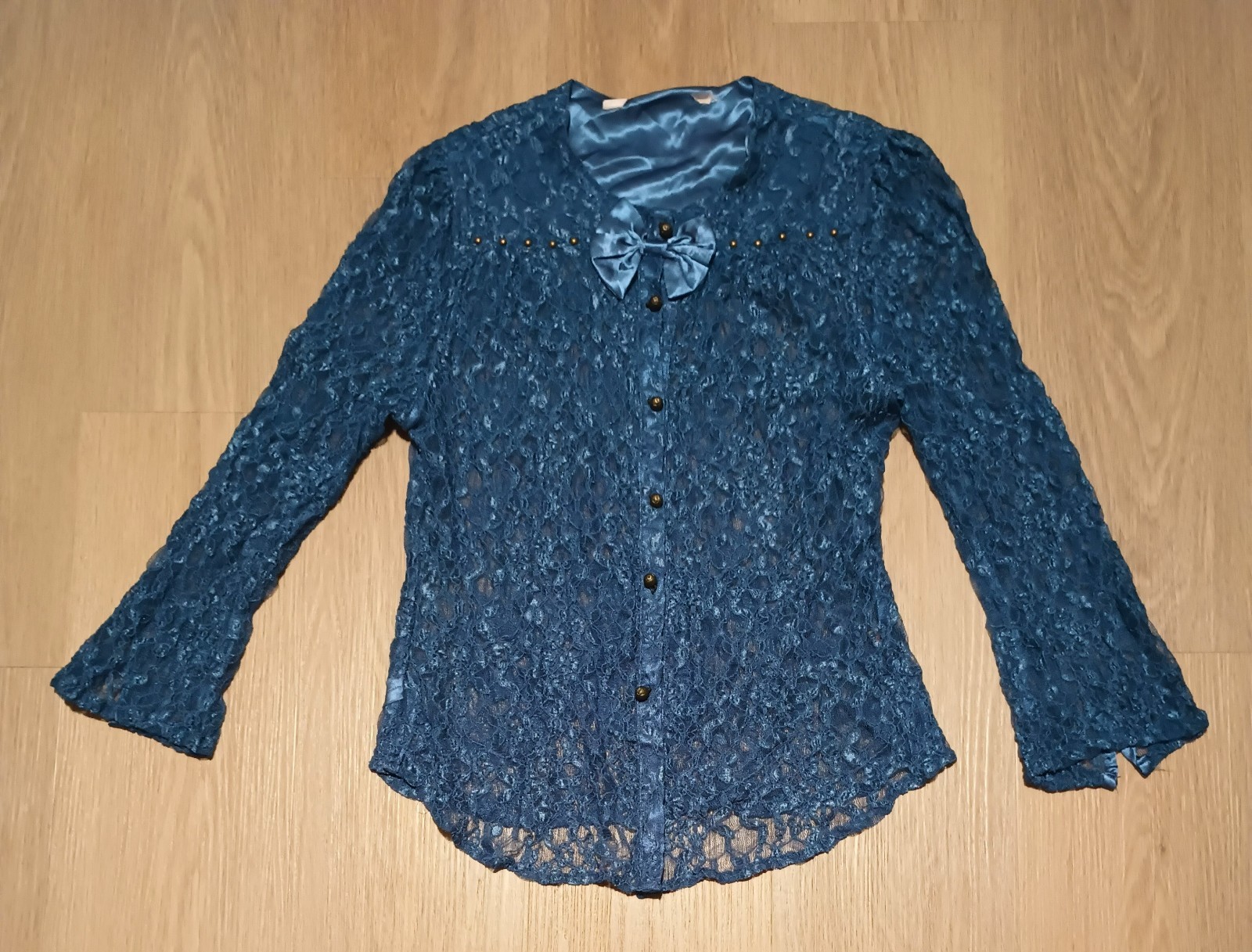 Vtg 80s Sheer Stretch Chantilly Lace Cornflower Blue Beaded Open Front Top M