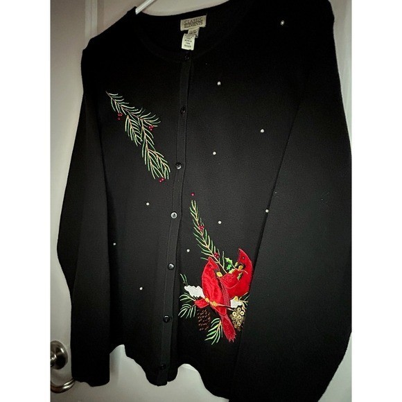 Vintage 90’s Classic Elements Cardinal Birds Embroidered Pearls Cardigan Sweater