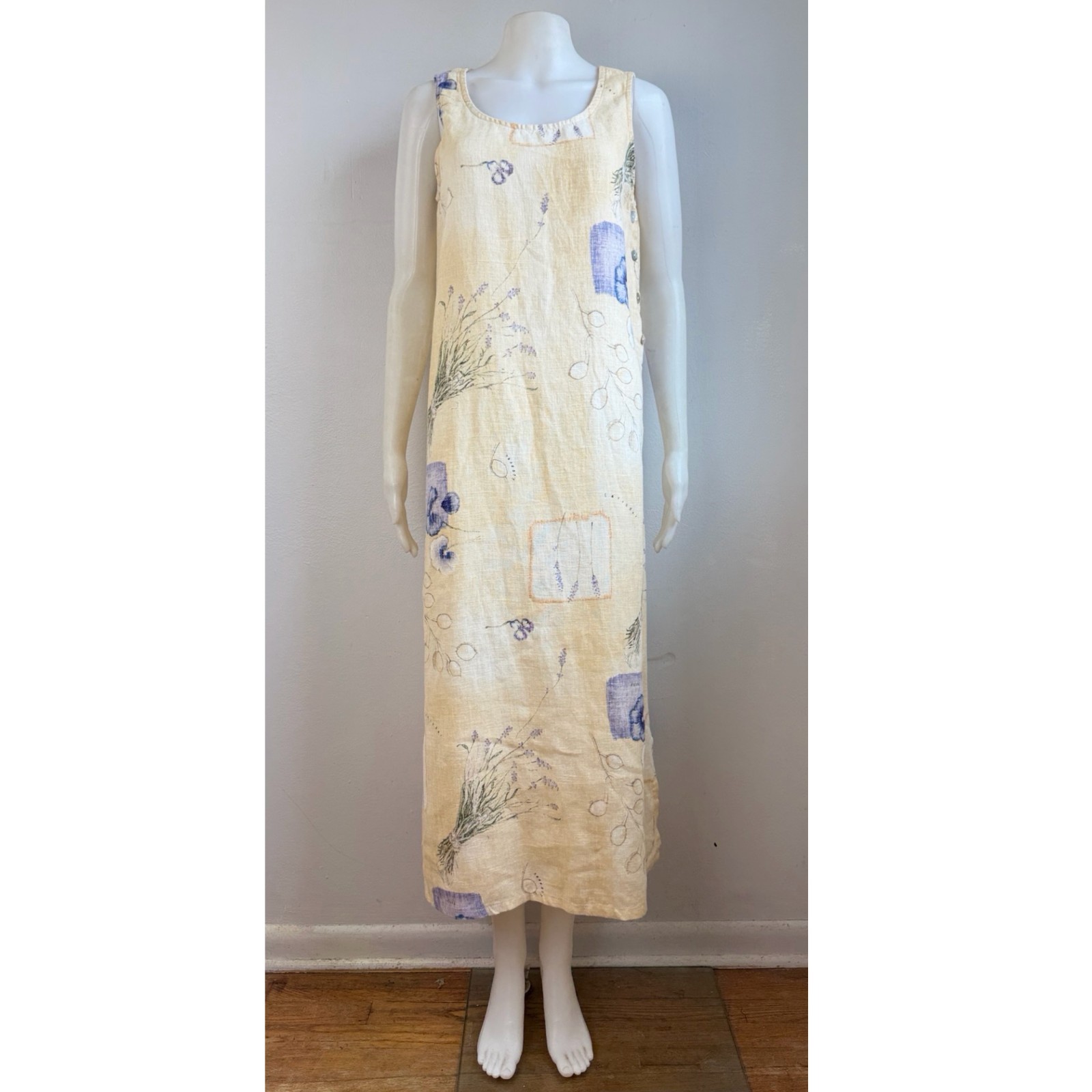 Vintage Pansy/Lavender Floral Print Linen Dress Top Set Size Medium 90s Yellow