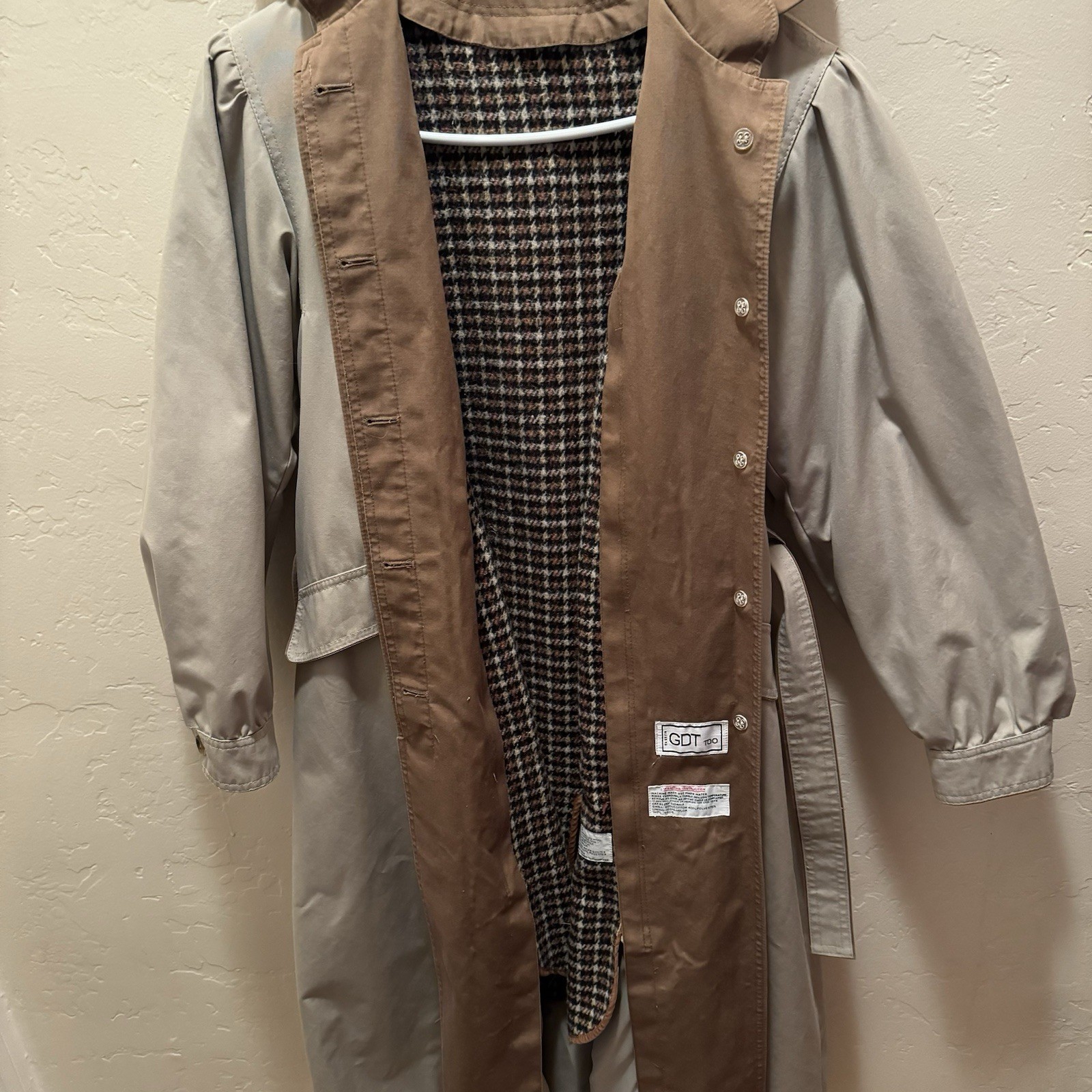 Vtg Trench Coat Maxi Tan Pockets Removable Hood/Lining (Wool Blend) GDT TOO