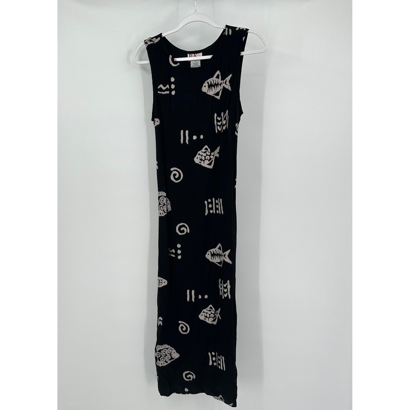 Womens Vintage Whimsical Fish Print Maxi Dress Size 12 90s Retro Artsy Beachy