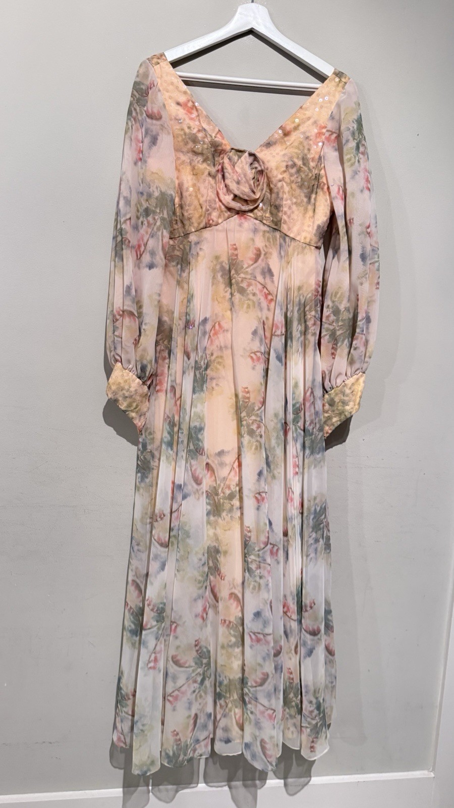 1960’S ROSE TAFT COUTURE VINTAGE CHIFFON FLORAL DRESS WOMEN S Romantic Beaded