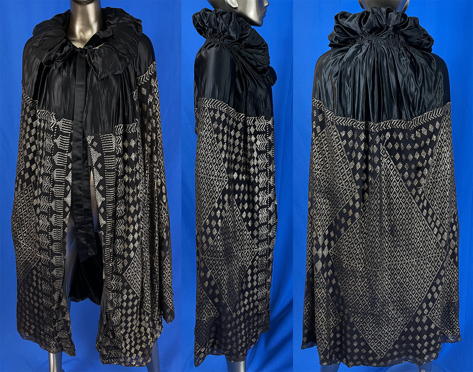 Art Deco Egyptian Assuit Black Net Silver Stud Shawl Silk Opera Cloak Cape VTG