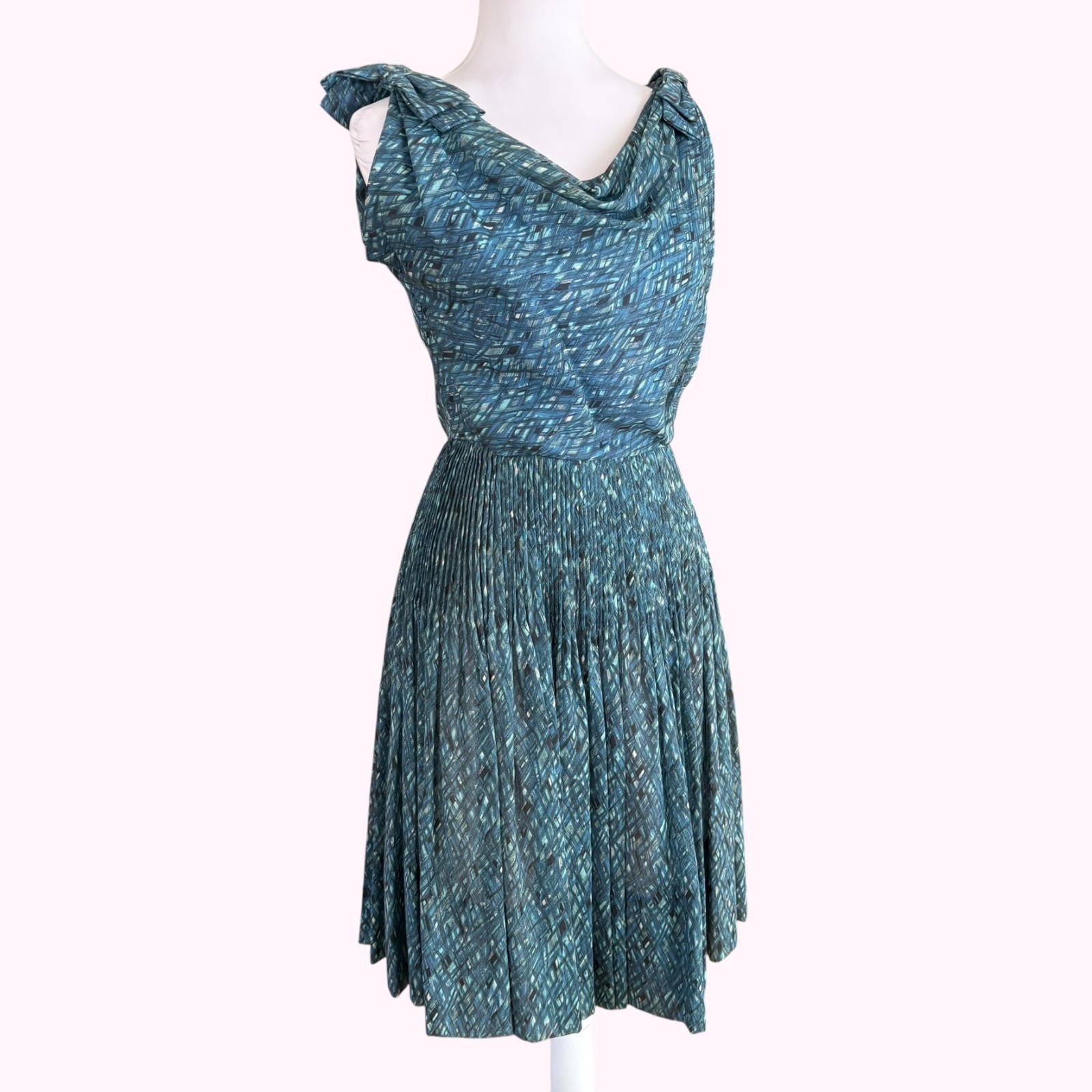 Vintage 40s Blue Swing Dress • Geometric Print • Draped Neckline • 40s 50s Size