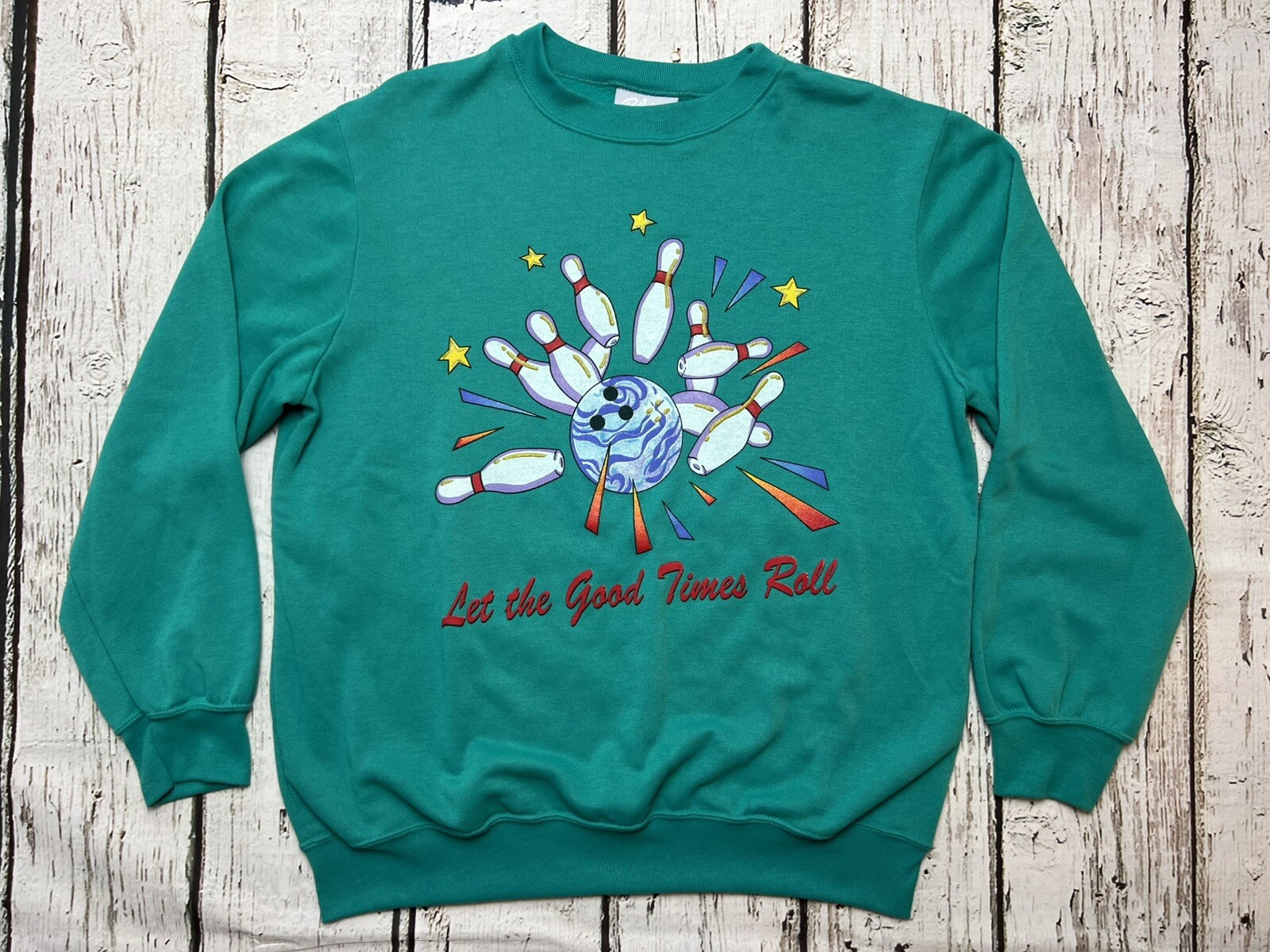 VTG Let The Good Times Roll Bowling 90s Blair Women’s Teal Crewneck Sweatshirt