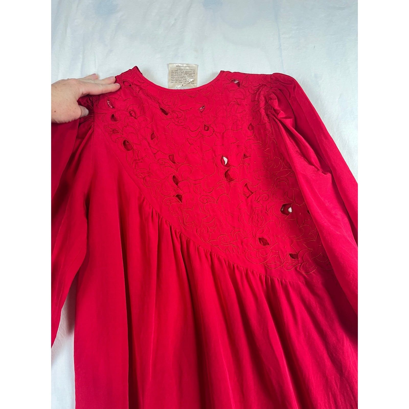 Joanie Char Silk Wool Red Vintage Midi Dress Embroidery Puff Sleeve Womens 6