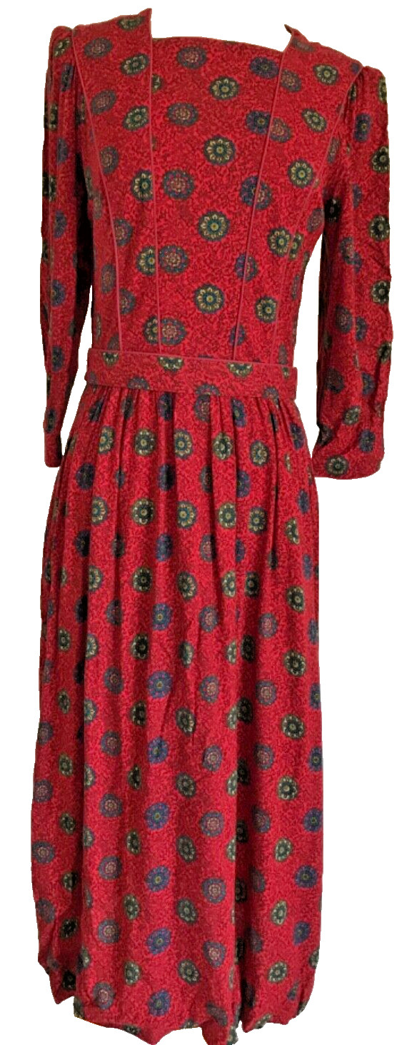 Vintage Lanz Original Red Paisley Cottage Core Dress, Button Down Longsleeve Mid