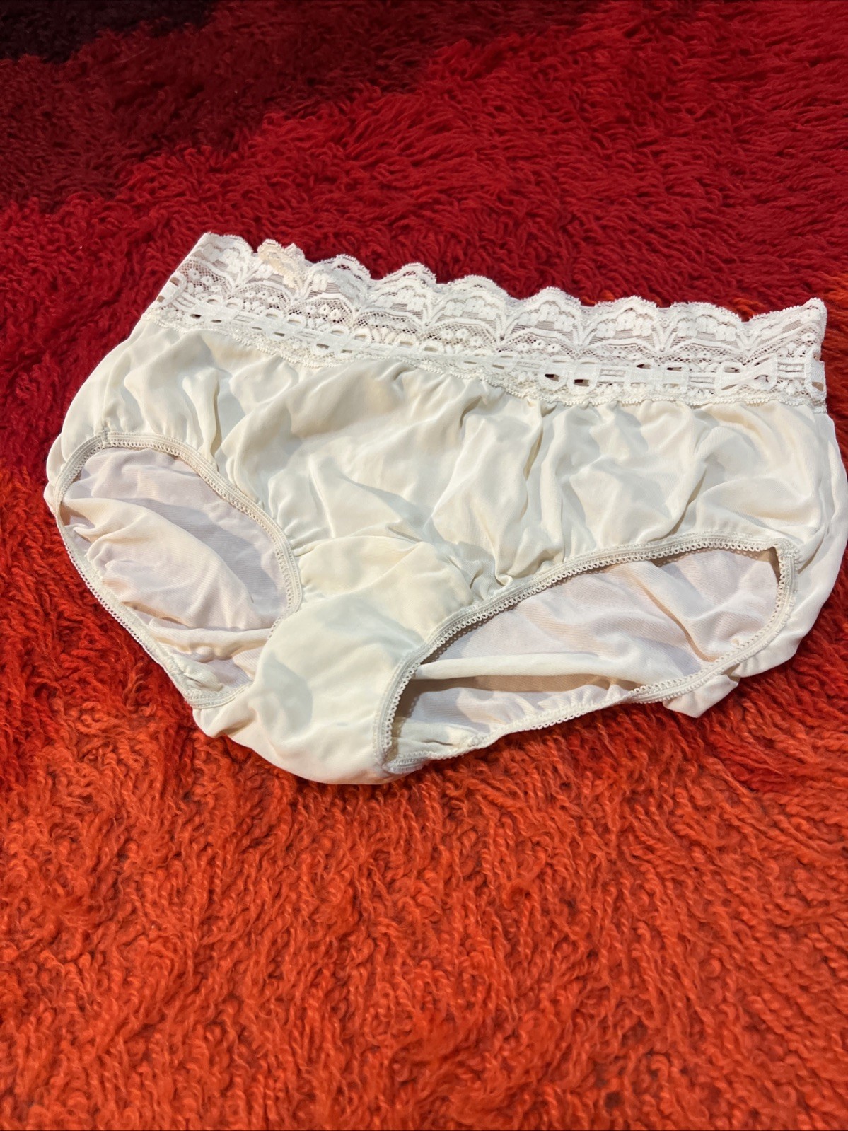 Vtg OLGA SECRET HUG Ivory SHEER NYLON & LACE SISSY PANTY Medium 6