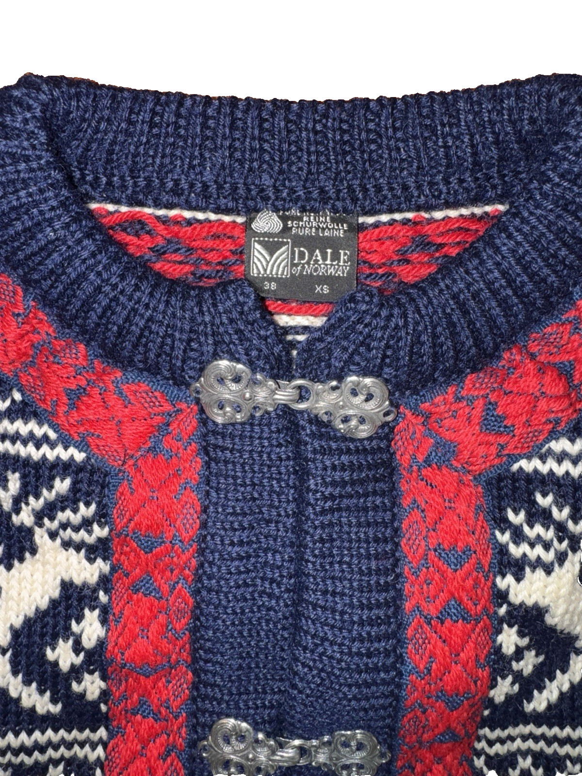Vtg DALE of NORWAY Nordic SWEATER 100% Wool 1970s Sz 38 S Buckles CARDIGAN Cabin