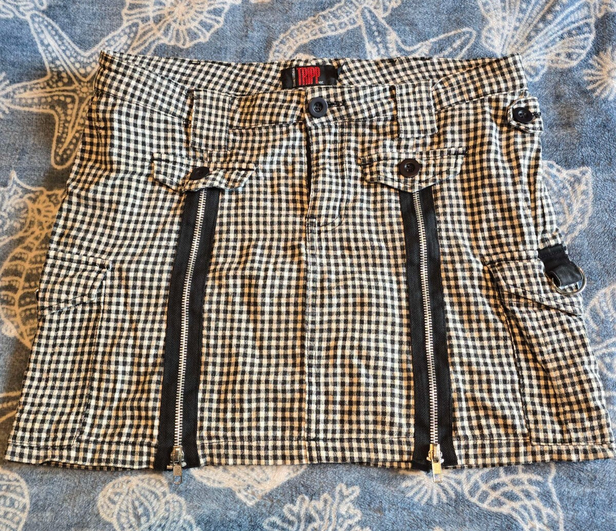 Vintage 90s TRIPP NYC Black White Plaid Zipper Bondage Goth Skirt – LARGE – CUTE