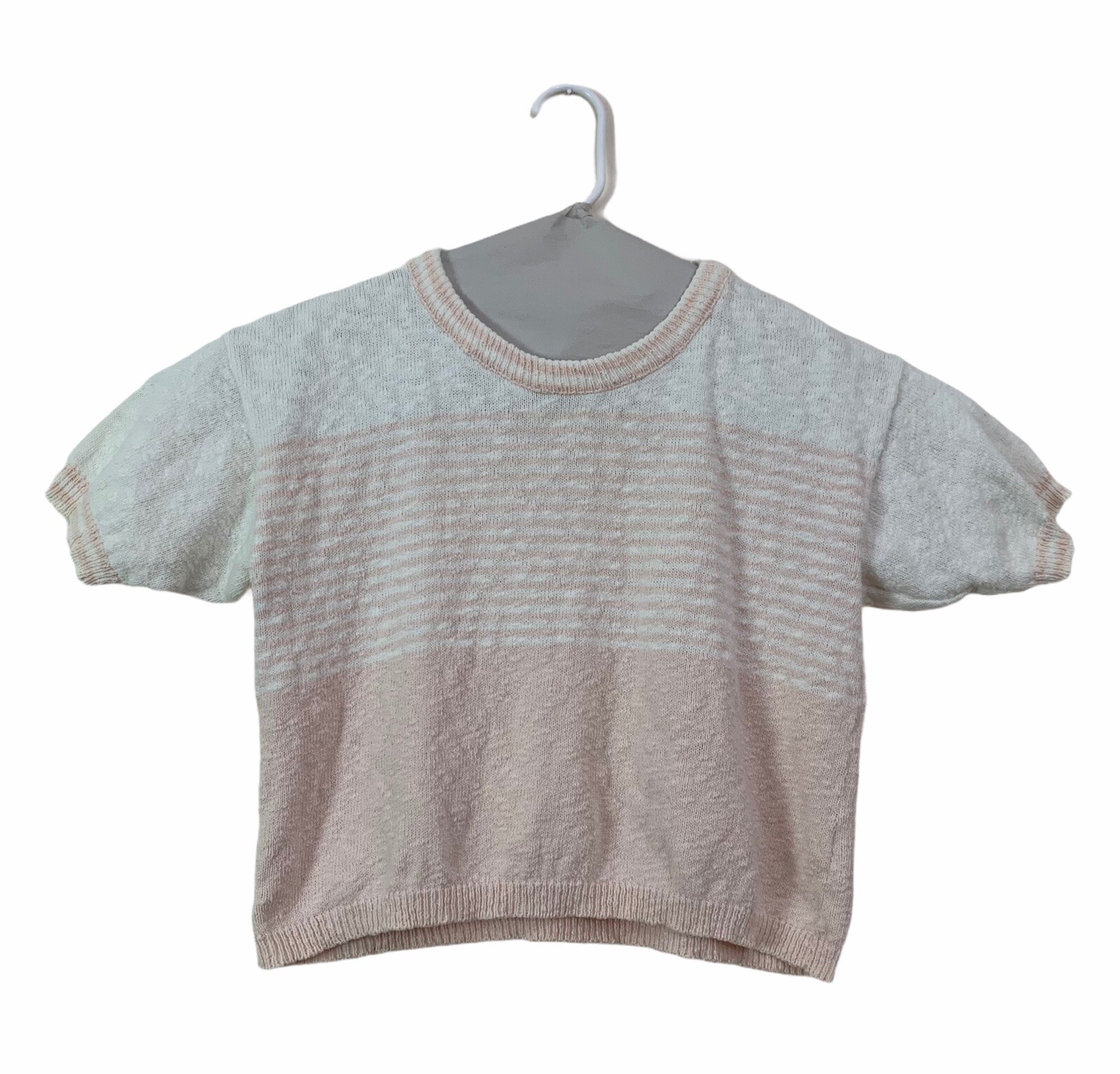 Vintage 80s Medium Lucia Knit Crop Top Short Sleeve Pastel Pink Cream USA Made