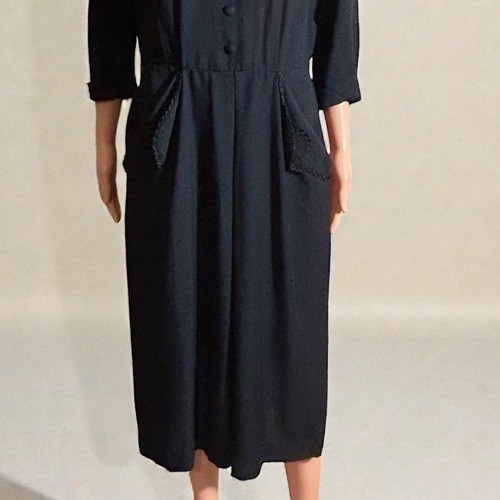 Vtg 40s Black Rayon Crepe Shirtwaist Day Dress Soutache Metal Zip Noir Pinup 30W