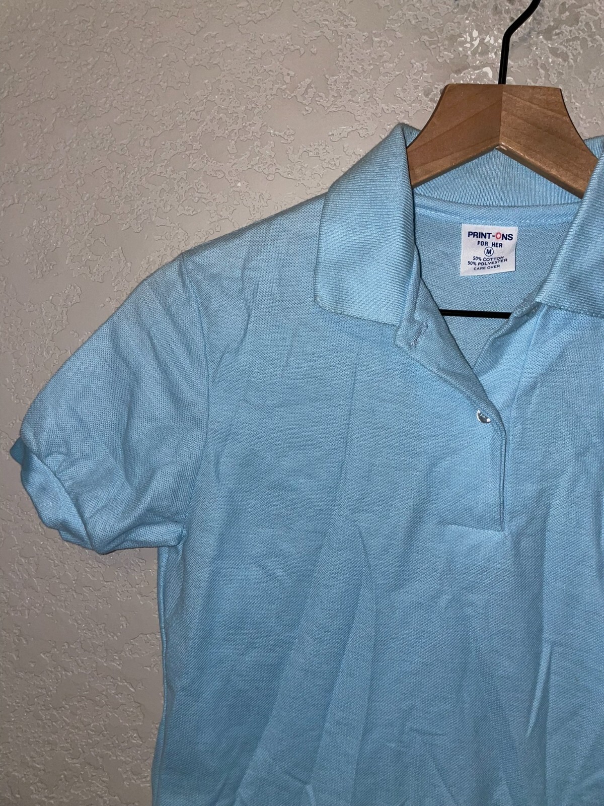 1970s 80s Vintage Women’s Print Ons Print-Ons Blue Polo Blank Shirt Top Women M