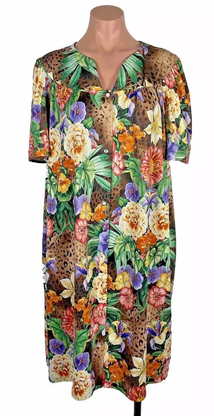 VTG Animal Print Plant Mom Floral Muumuu Caftan Monstera Plus Robe Psychedelic
