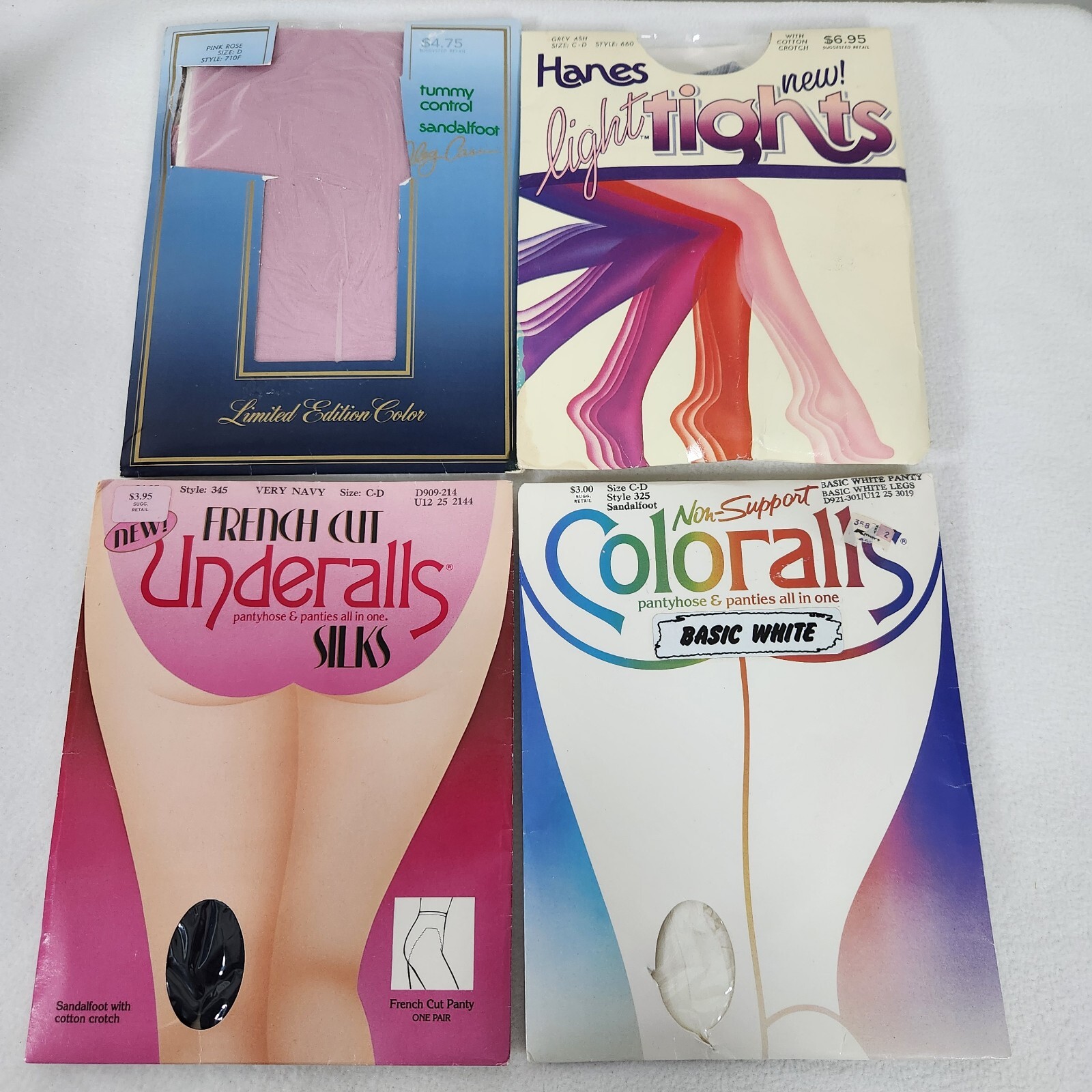 Vintage Lot (4) Pantyhose: Underall Silks/Coloralls/Hanes/Oleg Cassini Sz C-D