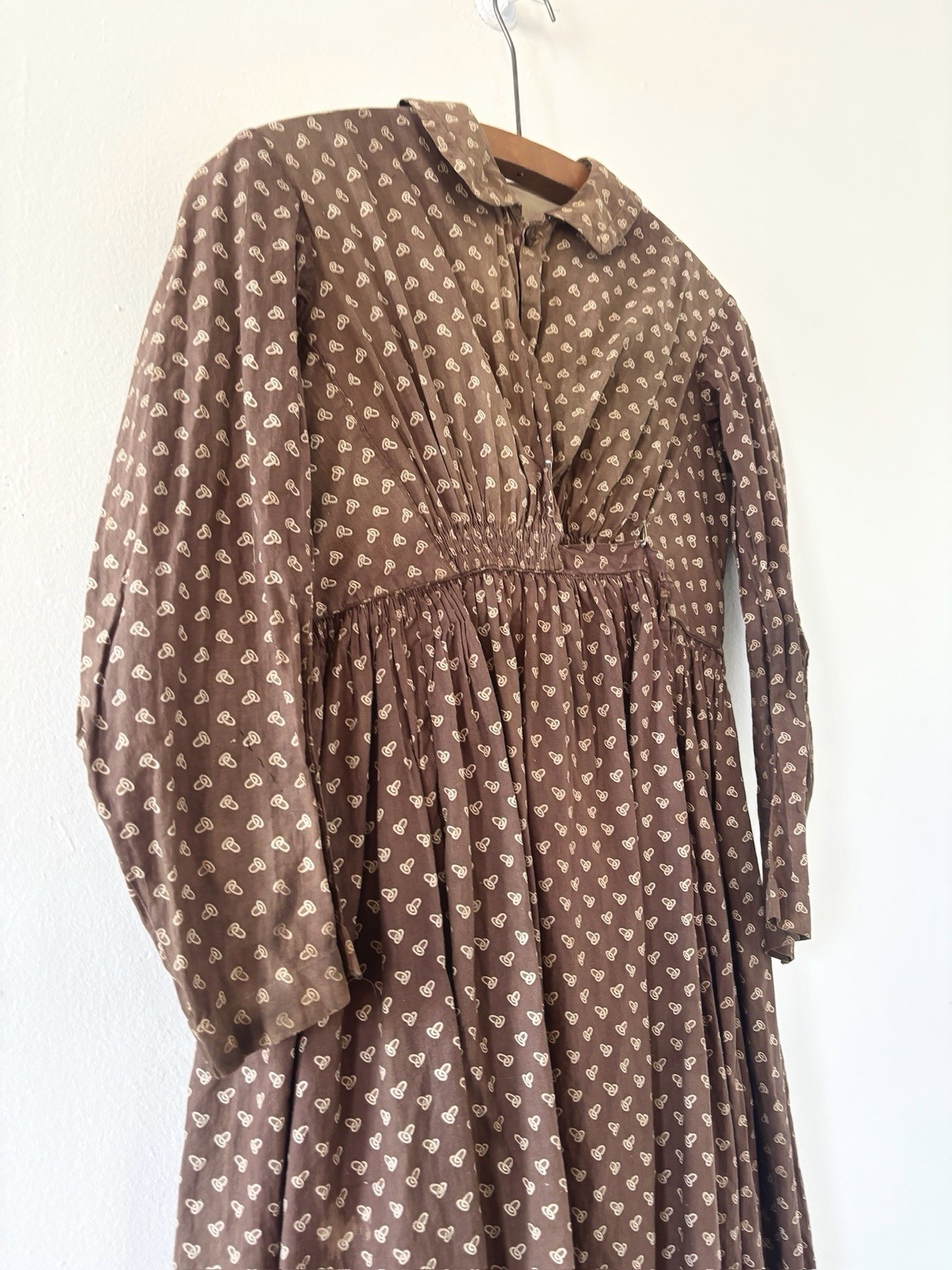 Antique Victorian 1850s 1860s Calico Work Dress Cartridge Pleated Skirt XS S