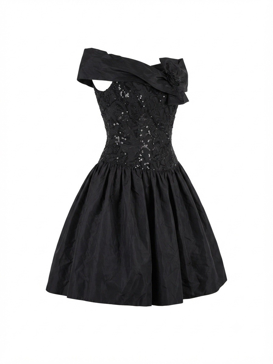 VTG 80 Jessica McClintock Gunne Sax Black Sequin Party Dress 13 Bow Off Shoulder
